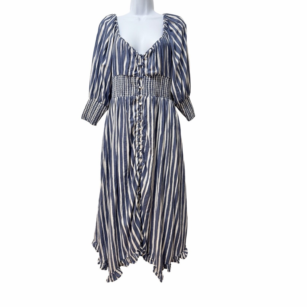 Anthropologie Stripe Sweetheart Smocked Button Front Midi Dress Size MP Blue